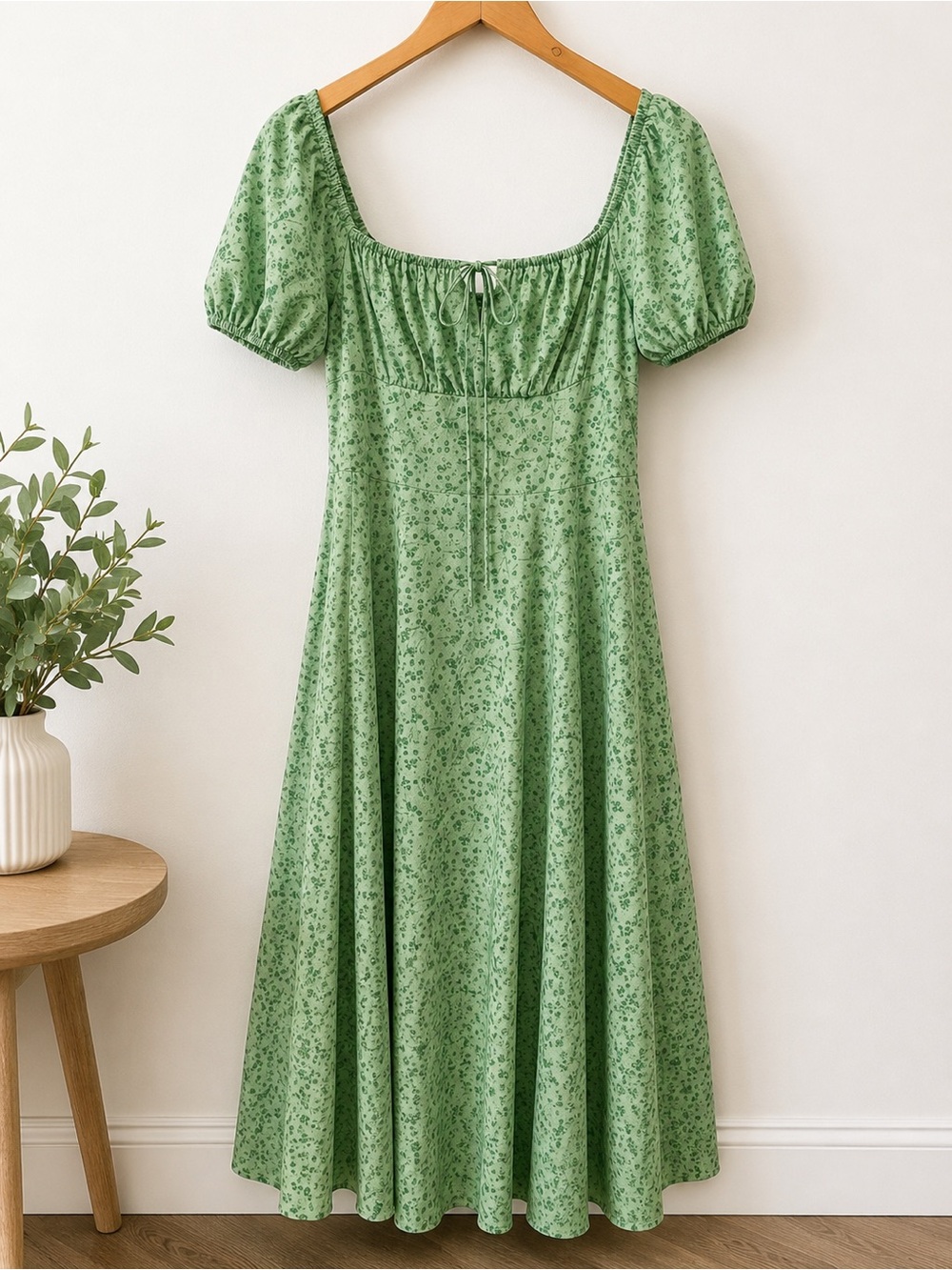 Green Floral Puff Sleeve Midi Dress Cottagecore Slit Dress Large